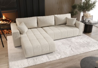 Narożnik z funkcją spania Milo L, z pojemnikiem na pościel, praktyczny i stylowy