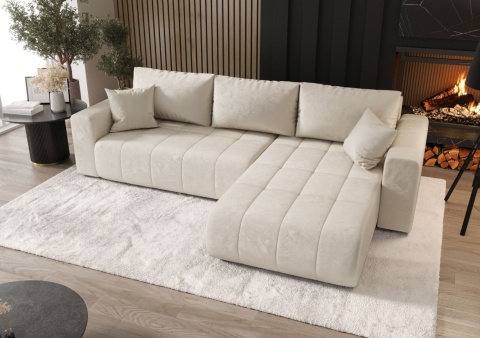 Narożnik z funkcją spania Milo prawostronny, ze schowkiem na pościel, wygodny i nowoczesny