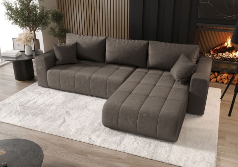 Narożnik z funkcją spania Milo prawostronny, ze schowkiem na pościel, wygodny i nowoczesny