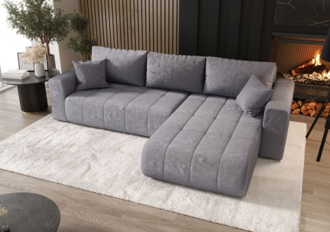 Narożnik z funkcją spania Milo prawostronny, ze schowkiem na pościel, wygodny i nowoczesny