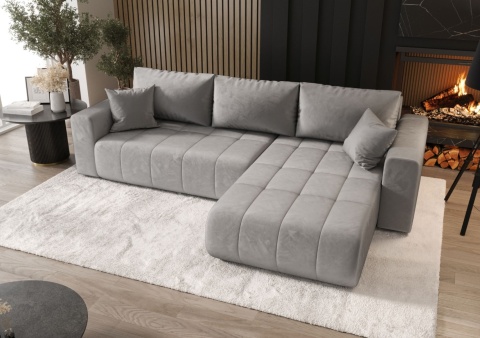 Narożnik z funkcją spania Milo prawostronny, ze schowkiem na pościel, wygodny i nowoczesny