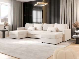 Narożnik z funkcją spania do salonu Mos U Bis, z pojemnikiem na pościel