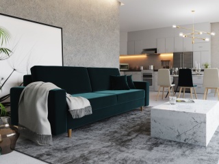 Sofa do salonu rozkładana Solo, praktyczna, z pojemnikiem na pościel